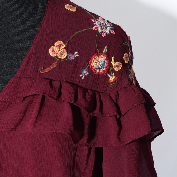 Zara Burgundy Embroidered Mini Dress V-Neck Ruffle Sleeves - Picture 4 of 9